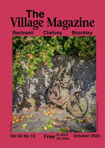 Magazine front cover for October 2025 featuring a rusty bicycle propped against a stone wall below an apple tree with apples strewn across the ground